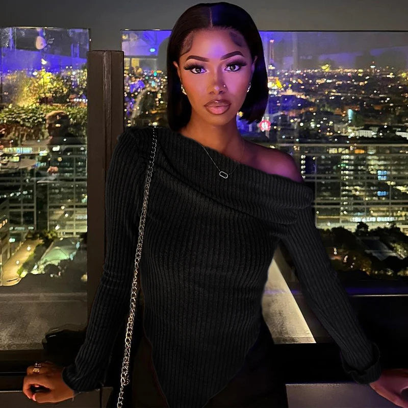 ELORRAH Black Skew Collar Long Sleeve Tee